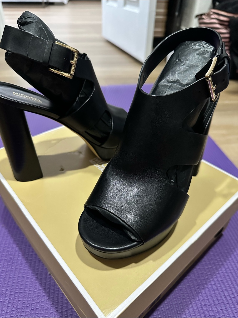 MICHAEL Michael Kors Black Leather Peep-Toe Block Heel Sandal with Gold Buckle